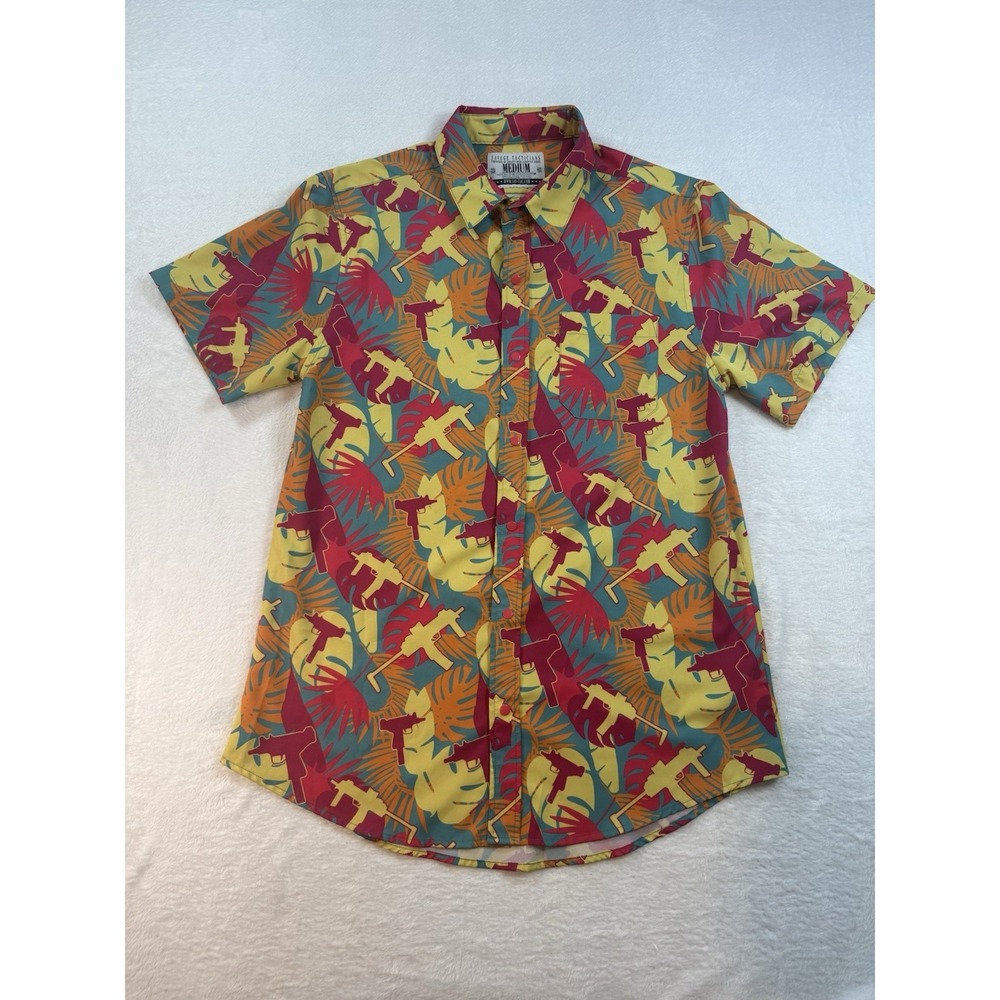 Savage‎ Tacticians Brushstroke Button Up Hawaiian Shirt Mens Med Gun Palm Print